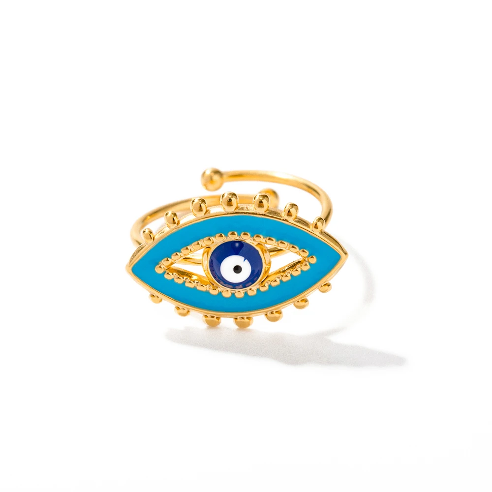 Luxury Jewelry 18k Gold Plated Evil Eyes Ring Stainless Steel Blue