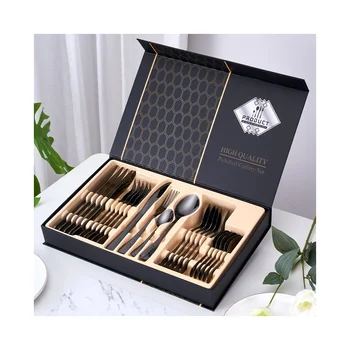 Hot Sale high Quality Stainless Steel Cutlery 24 Piece Set Four Main Piece Western Cutlery Black Flatware Sets with Gift Box