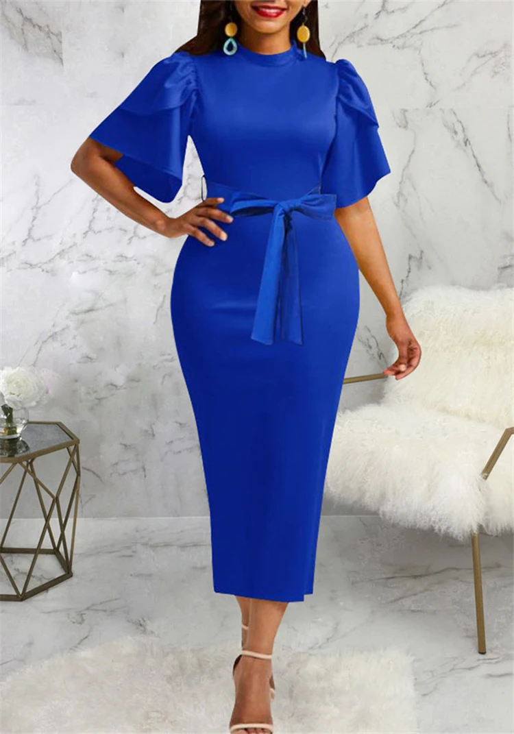 African Ladies Solid Midi Office Dresses High Quality Slim Waist Church ...