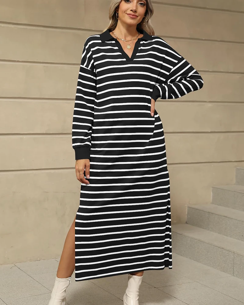 OEM Elegant High Slit Women's Casual Lapel Shift Dress Plus Size Stretchy Soft Knitwear for Outdoor Lounge Sweet Style OEM Elegant High Slit Women's Casual Lapel Shift Dress Plus Size Stretchy Soft Knitwear for Outdoor Lounge Sweet Style