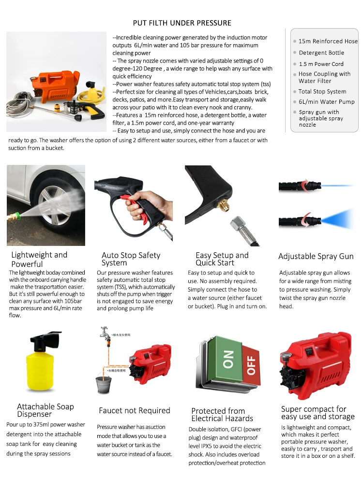 2200w Copper Motor 200bar Electric Pressure Washer High Pressure Car ...