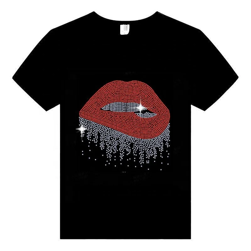 Custom New  Large Red Dripping Lips Rhinestone Diamante Transfer Design Iron on Heat Transfer  Hot Fix Sparkle