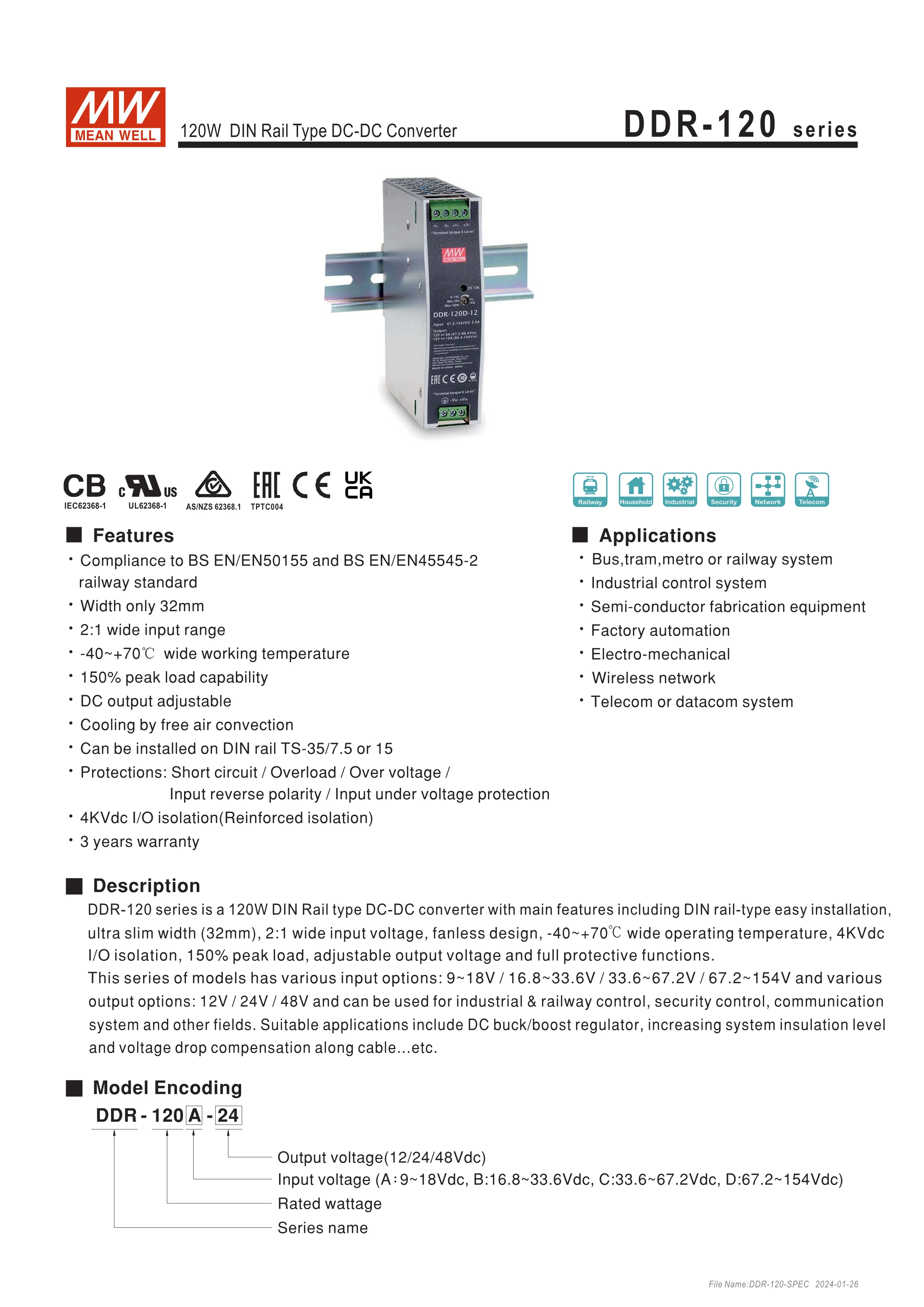 Meanwell Ddr 120c 24 120w 24v Din Rail Type Dc Dc Converter 5a Mean Well Buy Meanwell Ddr 120c 9534