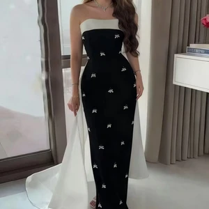 2026 Fashion New Handmade Diamond Elegant Party Dress Bow Strapless Black Long Bandage Dress
