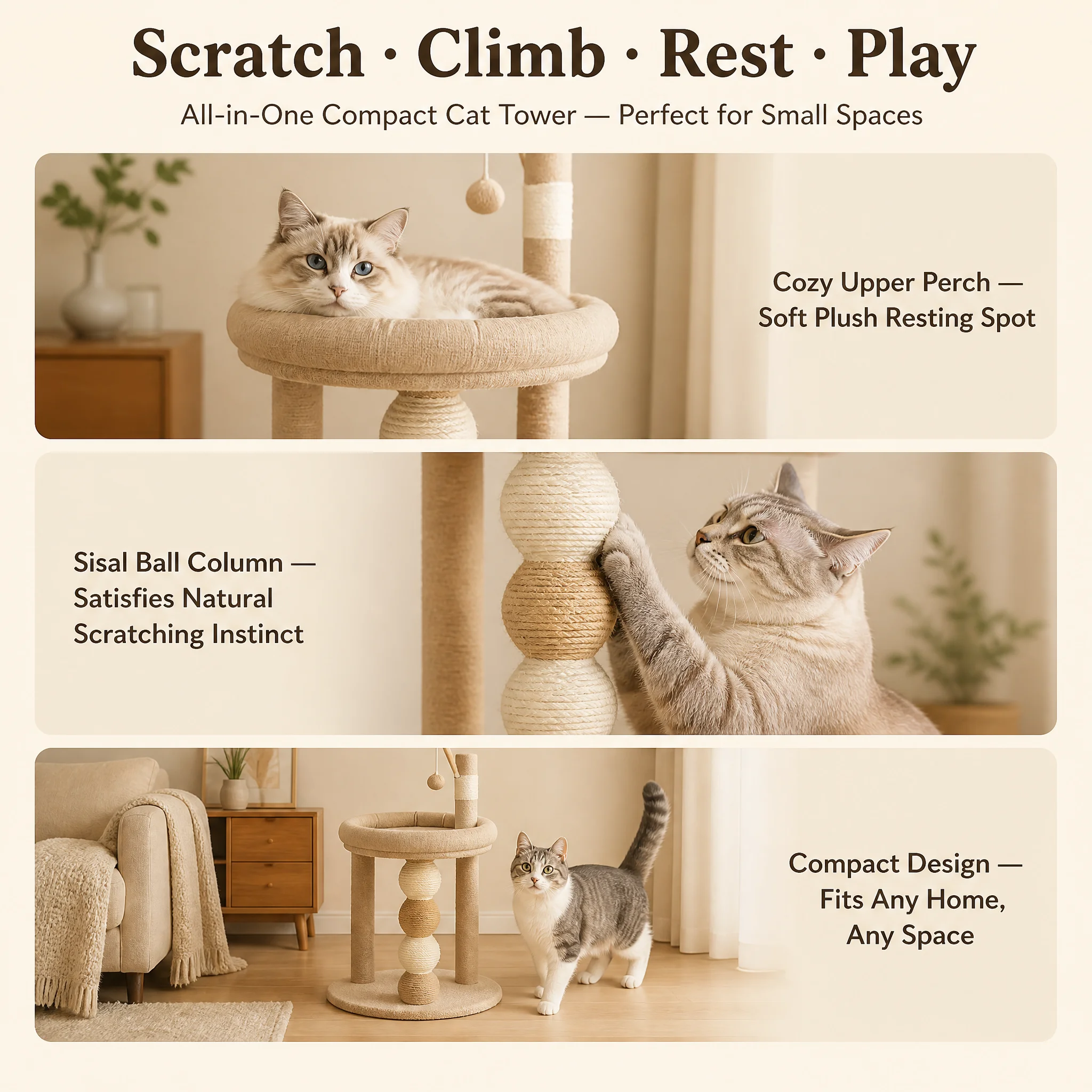 Modern Plush Wooden Cat Tree Dust — Product details 7