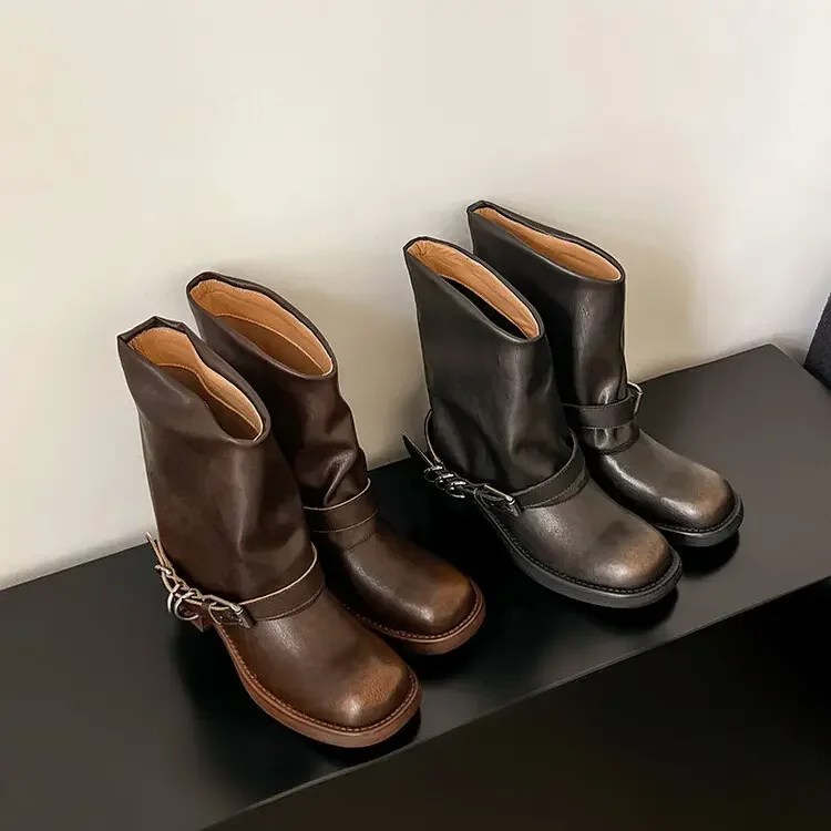 2024 Winter Cowhide Mid Calf Boots Vintage Genuine Leather Loose Fit 4.5cm Block Heel Women Western Boots - Image 2