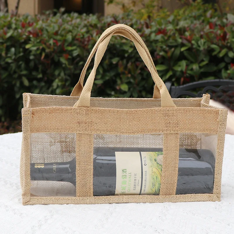 Reusable Transparent Jute Wine Tote Bag Burlap Gift Personalized Packing Wine Dispenser Tote Bag
