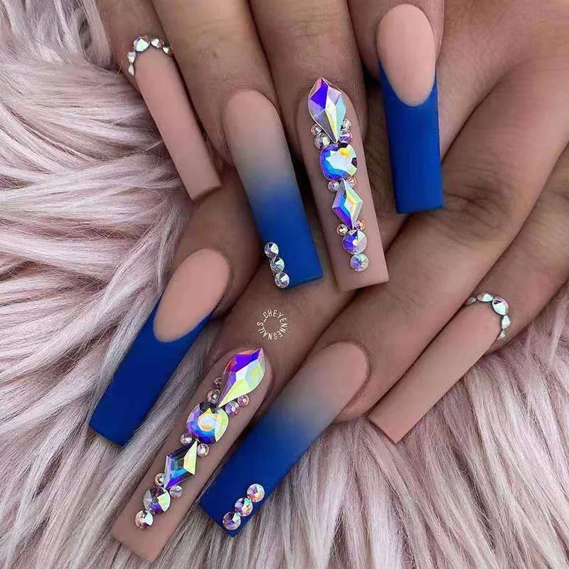 French Tip Press on Nails Long with Rhinestone Designs, 3D Luxury