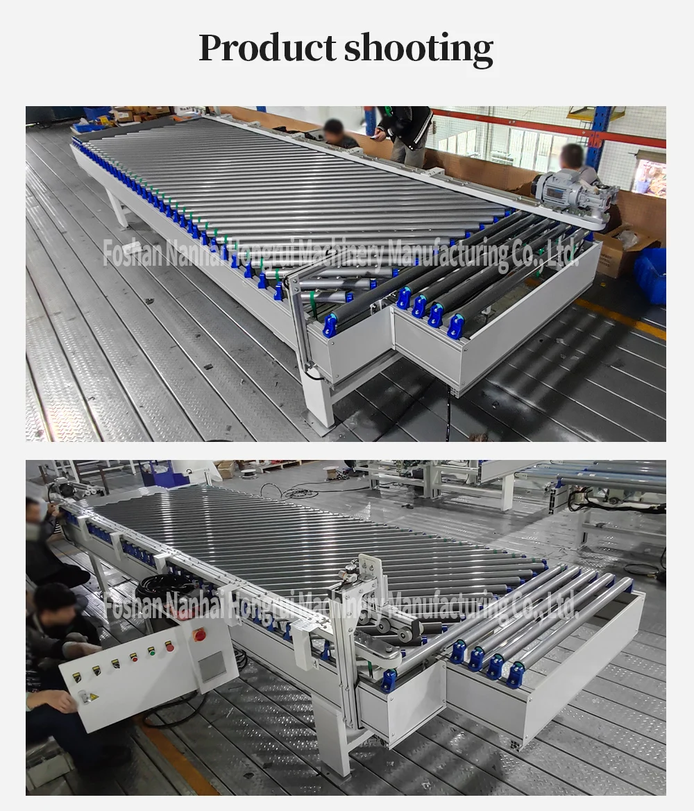 Hongrui edge banding machine is connected to a single row inclined roller table for conveying wooden boards factory