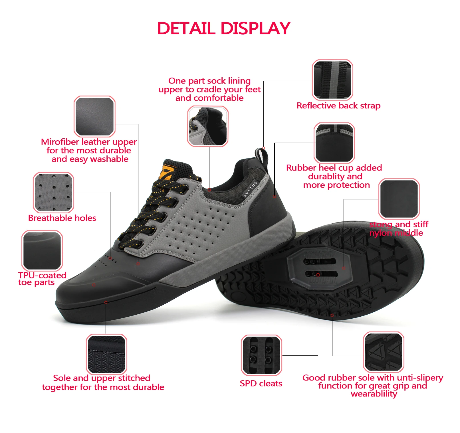 Chaussures de VTT Avitus Clip-less à lacets compatibles avec les crampons  Shimano SPD pour gravier