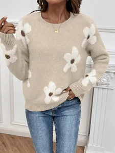 For Korean Crewneck Long Sleeve Acrylic Breathable Flower Jacquard Pullover Sweater Medium Length Standard Thickness Women