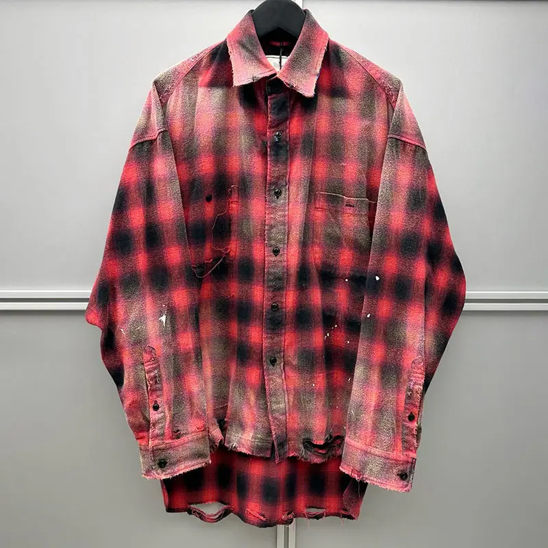 Salati Custom Unisex Vintage Tshirts Oversized Baggy Sun Faded Acid Wash Long Sleeve Plaid Boxy Button Down up Flannel Shirt Men gallery 8