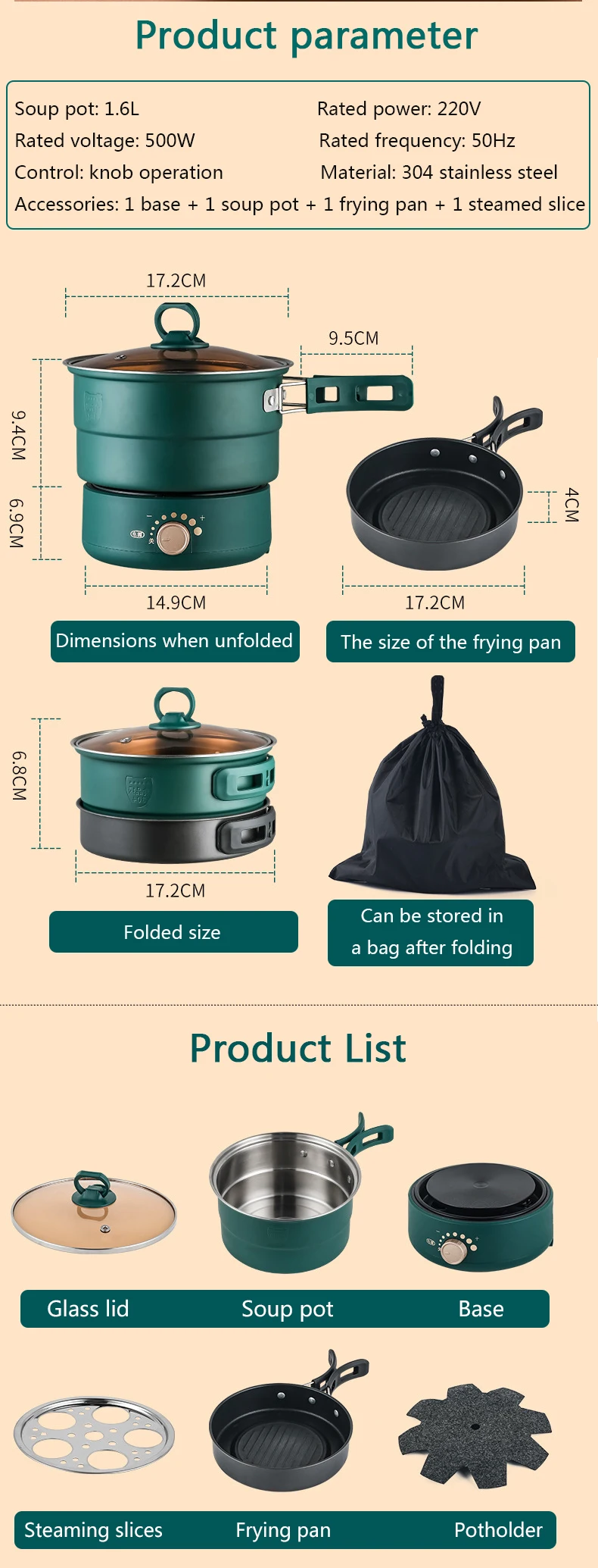 110/220V Electric Split Cooking Pot Foldable Multicooker Frying Pan Hotpot Steamer Rice Cooker Soup Maker Water Boiler Travel