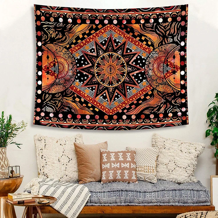 Indie Hippie Sun Moon Mandala Tapestry - Boho Psychedelic Orange Aesthetic Wall Decor for Bedroom Dorm 5 Indie Hippie Sun Moon Mandala Tapestry - Boho Psychedelic Orange Aesthetic Wall Decor for Bedroom Dorm - Image 5