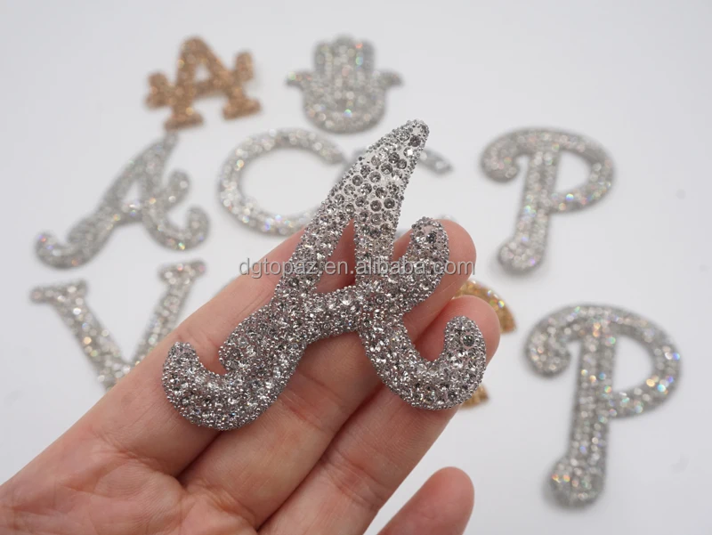 Free Sample 3D Rhinestone Transfers logo Motif Alphabet Brand Name Letter Applique Patch for Hats Shoes Pants
