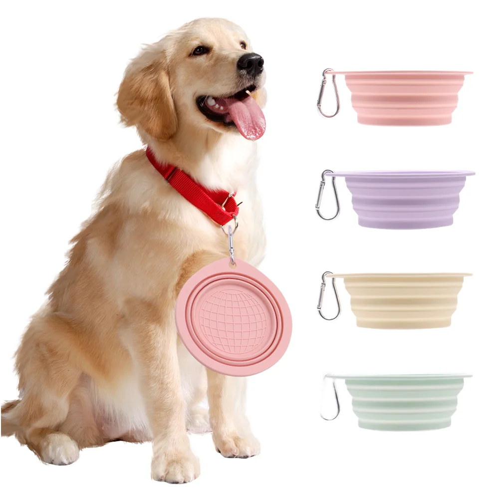 Recipiente plegable para exterior e portátil de silicona para alimento e auga de mascotas con función antivolcado