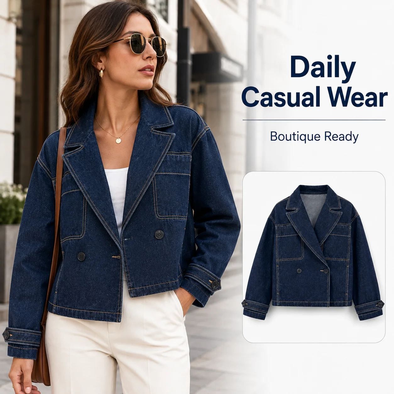 Oversized Denim Blazer Jacket Premium Dark Wash Classic Casual Denim Jacket