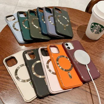 Electroplated Leather Magnetic Suction Phone Case for iphone  11 12 13 14 15 Pro Max Cell Cover funda