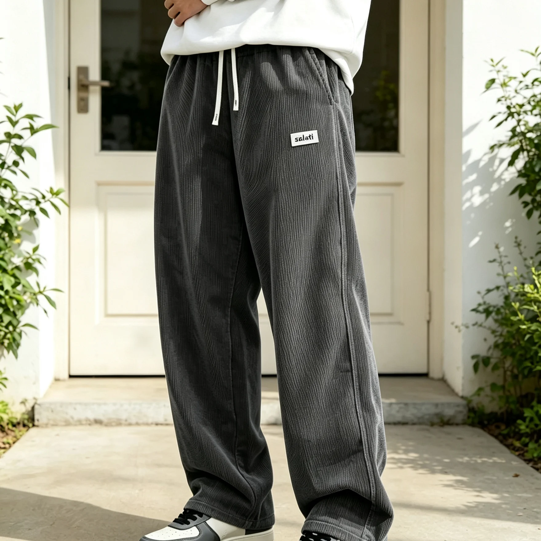 New Men Heavyweight Cotton Knitted High Waist Pleated Front Waterproof Wide Leg Casual Pants Elastic Drawstring Waist Trousers