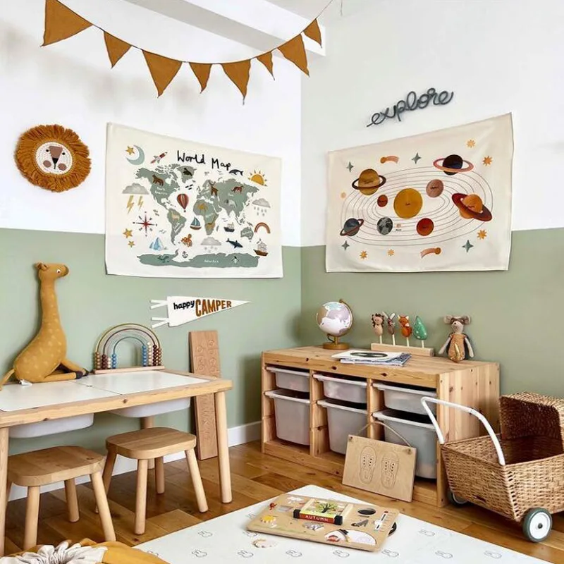 Cartoon Animal Planet Canvas Wall Hanging Cute Art for Kids Bedroom  Living Room Nursery Decor Fabric Wall Blanket