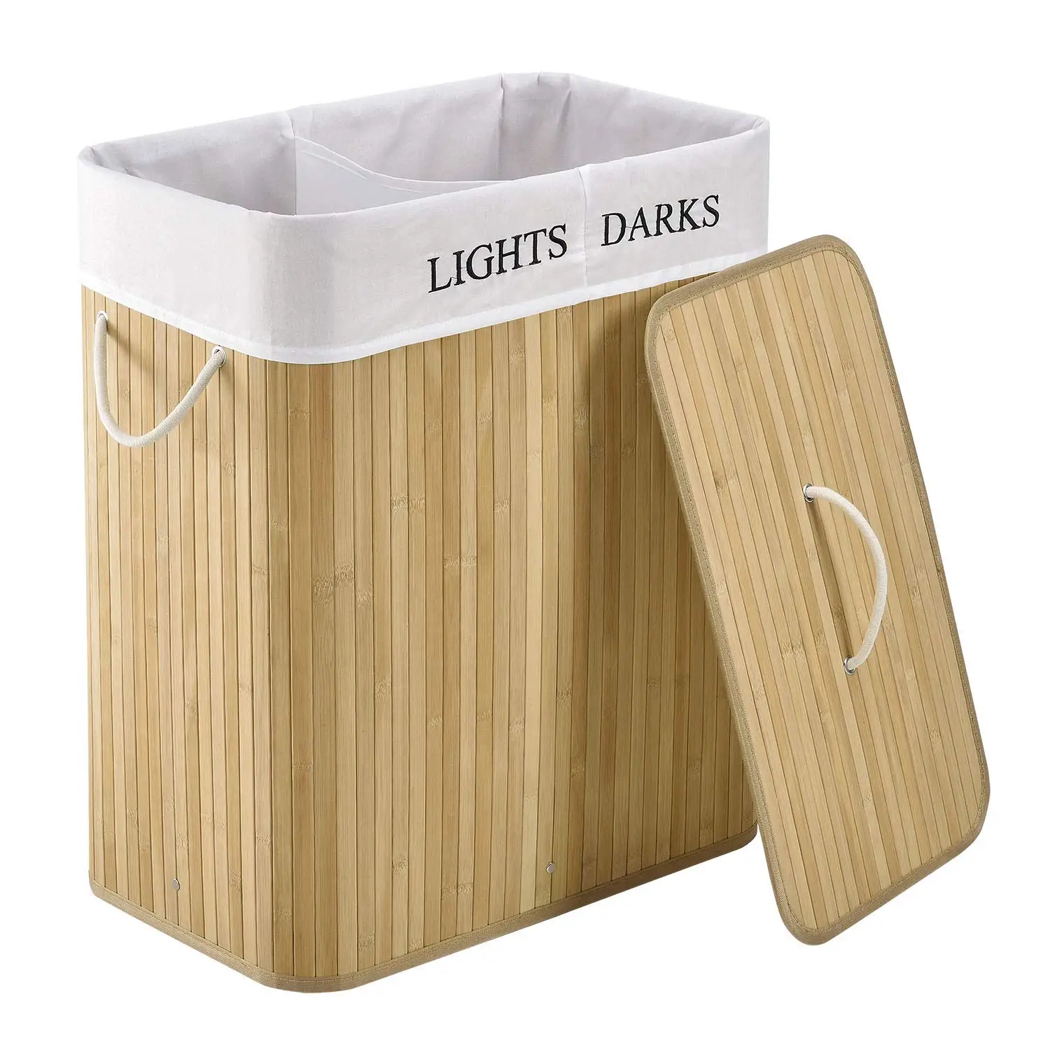 100L Extra Large 2 Section Folding Storage Solution Folding Bamboo Laundry Dirty Clothes Basket with Lid and Carry Handle