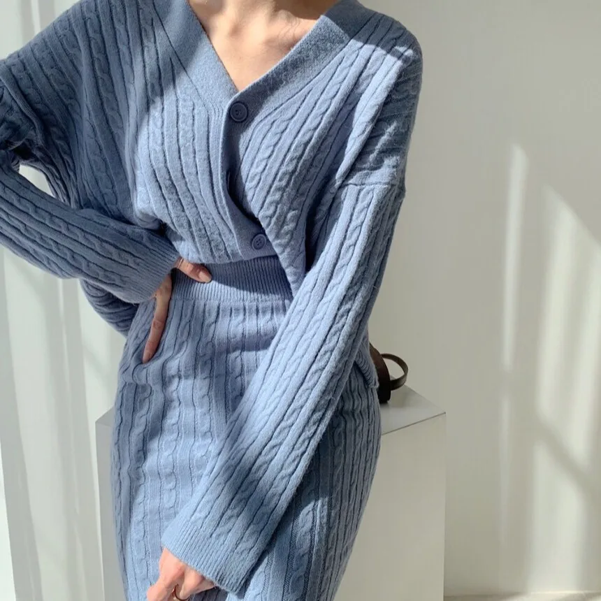 Modern Coffee Knit Cotton Long Cardigans And Long Dress Two Pieces Set Winter RP021
