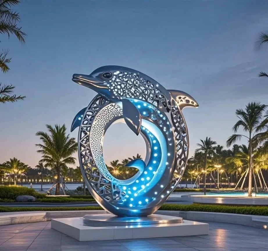 Custom Outdoor Large Metal Abstract Hollow Art LED Dolphin Stainless ...