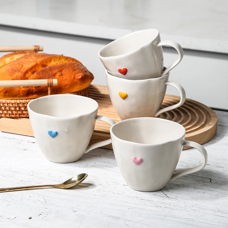 Creative 250ml Handmade Heart Embossed Pottery Milk Cereal Cups Japanese Stoneware Coffee Mug with Handle