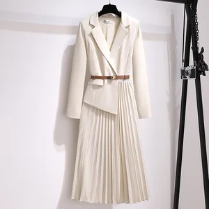 Fashion Formal Clothes Long Sleeve Pleated Suit Dress Solid Color Office Lady Professional Business Midi Long Casual Dresses