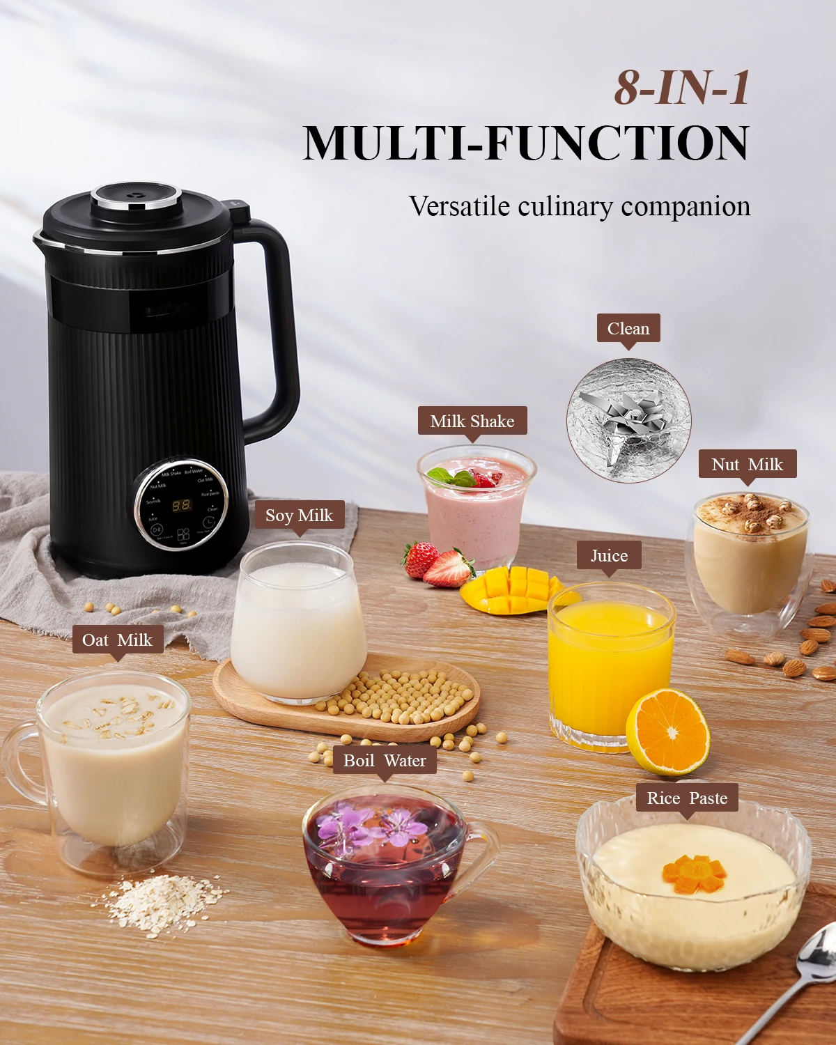 Almond Milk Machine 8-In-1 Multifunctional Soy Oat Plant-Based Milk Blender Homemade Dairy-Free Juice Nut Milk Maker
