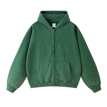 Wholesale streetwear heavyweight oversized hoodie no string zip up hoodie vintage acid wash mens hoodie