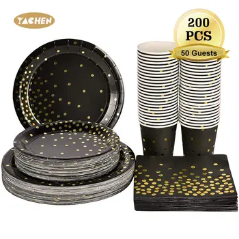 YACHEN 200PCS Party Supplies Black Gold Dot Pattern Disposable Paper Tableware Set for Birthday Festival Party Tableware Decor