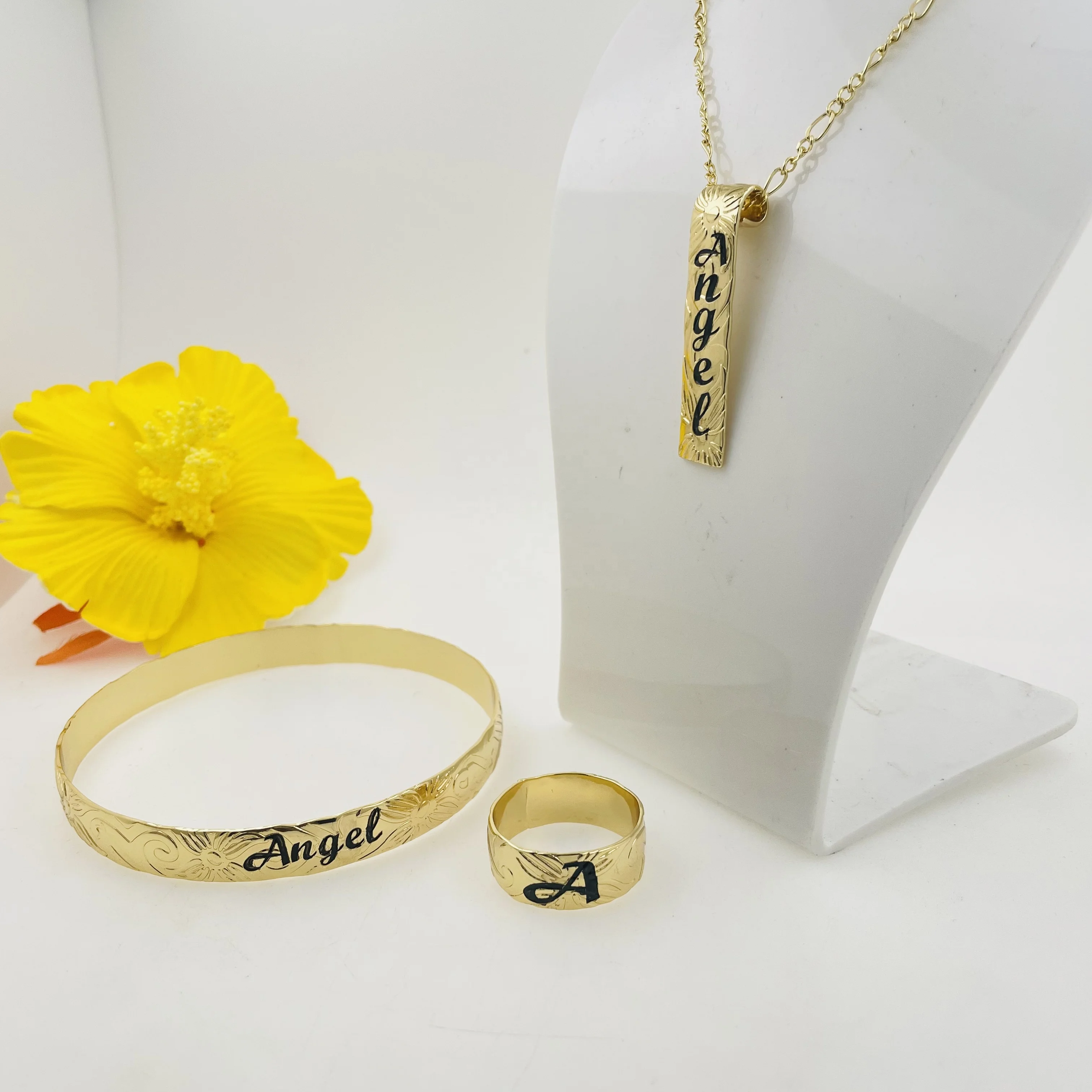 JX242 Customize Name Ring Initial Vertical Necklace Bracelet Set Hawaiian Samoa Jewelry Wholesale Personalized Birthday Gift