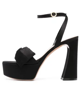 New Arrival Black Satin Platform Sandals Bow Accent Sculpted Block Heel Party Daily Comfort High Quality Wholesale OEM ODM