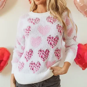 European American Korean Fashion Geometric Pattern Pullover Sweater Women 2026 Winter New Design Front Logo O-Neck Knitwear