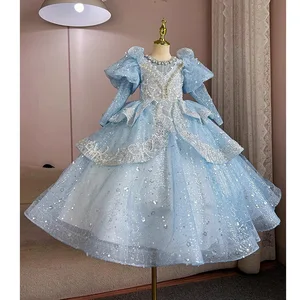 Sky Blue Luxury Princess Ball Gown High Quality Floral Mesh Wedding Dress Sequin Pearl Decoration Girls' Parties Formal Summer