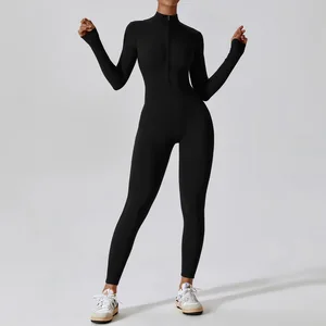 Yoga Sets Women's High-Impact Workout Bodysuit with Full-Length Front Zip Seamless Unitard for Gym Training Sports Wear Sets
