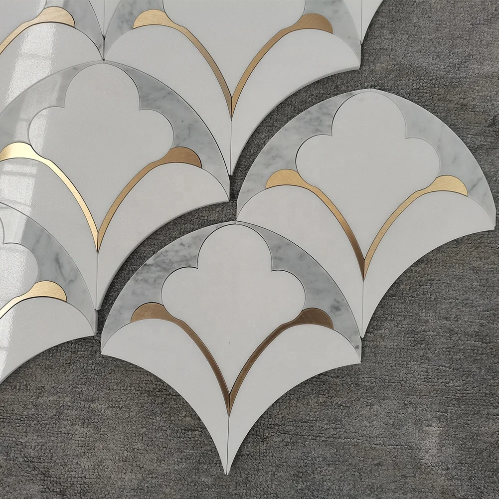 Centurymosaic Waterjet Marble Mosaic Tile Marble Floor and Wall Stone Mixed Brass Waterjet Mosaic Tiles Design Thailand Factory
