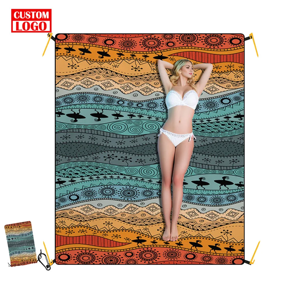 Large Big Sand Proof Waterproof Custom Logo Design Beach Mat Sand Free Beach Blanket With Storage Bag for Outdoor Picnic Camping