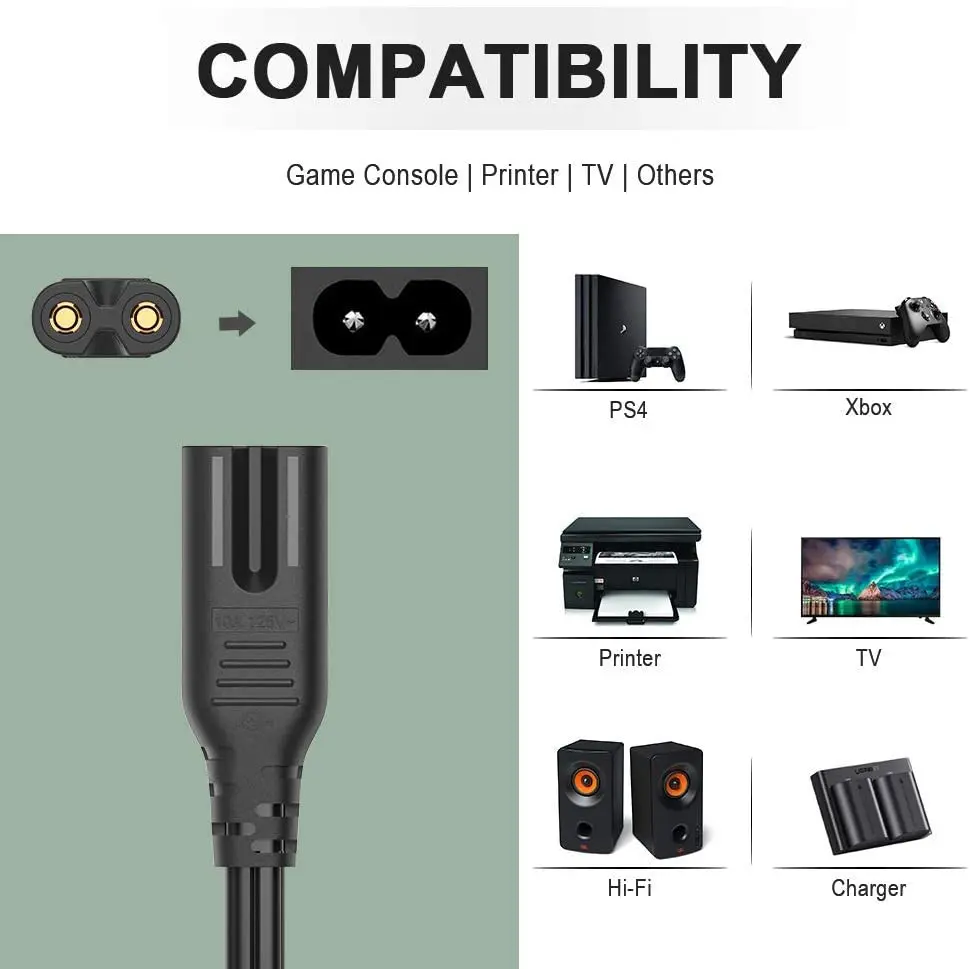 Flat Usa Nema 1-15P Iec 60320 2Pin American Extension 2 Prong Nema-1-15P to Iec320-C7 Plug C7 Polarized Power Cord