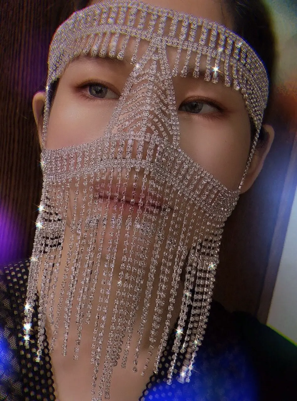 Luxury Women Rhinestone Head Chains Long Tassel Full Face Cover Water