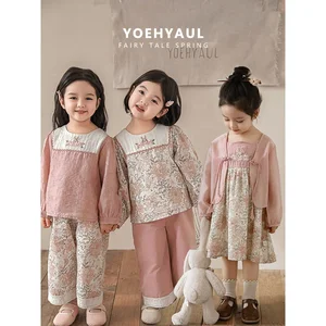 YOEHYAUL HC0001 Spring Cotton Suit Pink Floral Dress Baby Girl Dress Wholesale Kids Girl Floral Blouse Straight Pants Set