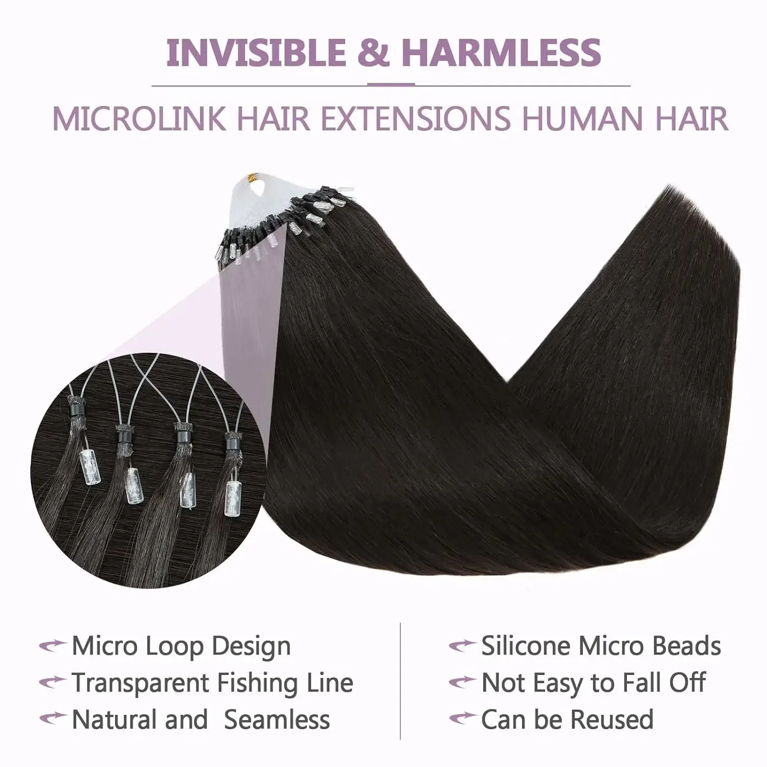 16 26 Inch Straight Micro Loop Hair Extensions #1B Natural Black Real Hair 1g/1strand 50G Extensions Micro Ring Hair Extensions_voghion.com