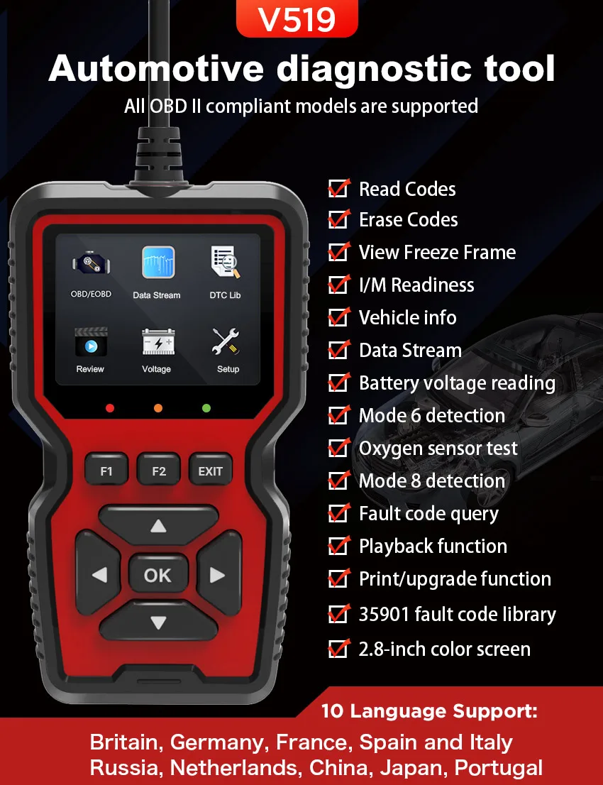 Lonauto New Design OBDII V519 Cool Handheld Car Diagnostic Tool Smart Fault Code Reader Universal Support 9 Protocol