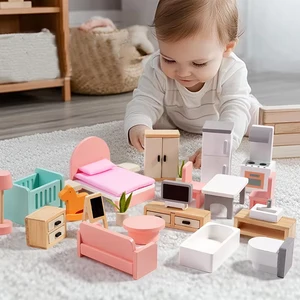 Wooden Dolls House Furniture Kit Miniature Accessories with 5 Sets Living Room Playhouse Pretend Play Learning Toys Presents