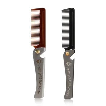 High Quality Comfortable Stainless Steel Handle Opener Folding Styling Metal Portable Private Fold Label Men Beard Comb