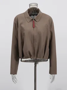 New Women's Caramel Brown Collared Zipper Cropped Jacket - Ruched Hem Casual Office Lightweight Coat OEM ODM