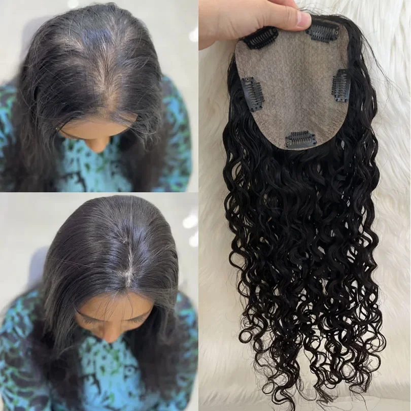Long Curly Human Hair Topper European Virgin Natural Skin Silk Base Women Toupee Hairpiece_voghion.com