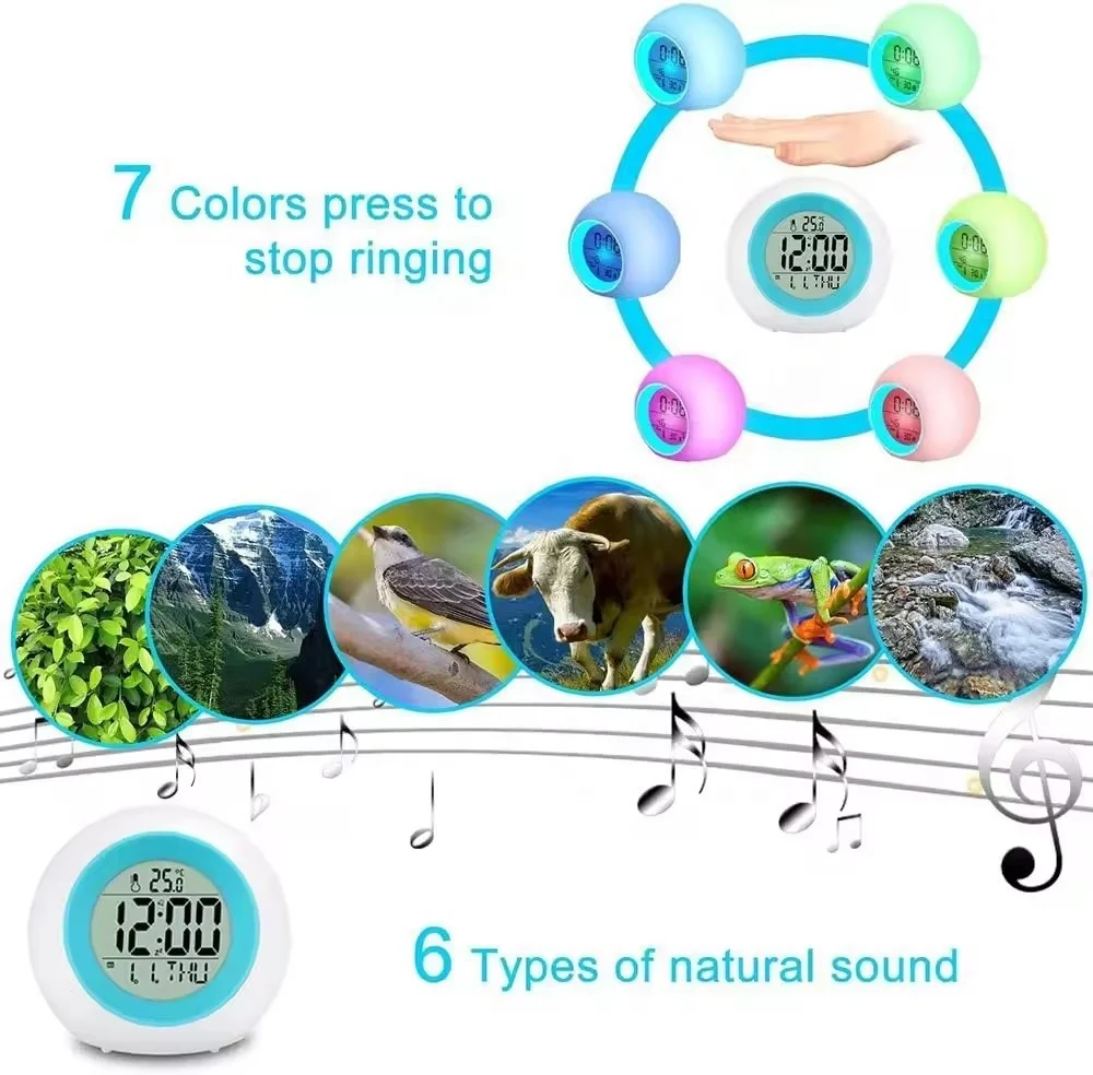 7 LED Colors Changing Digital Alarm Clock Battery Operated Art Decorative White Led Alarm Clock