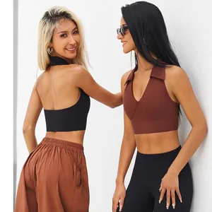 Simple Women's Anti-Sagging Fitness Sports Bra Halter V-Neck Beautiful Back Quick-Drying Yoga Top with Chest Pad